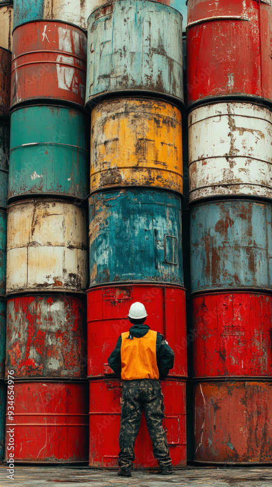 A man in a yellow vest stands in front of a stack of red barrels. The barrels are piled high and are of different colors. The man is looking at the barrels A man in a yellow vest stands in front of a stack of red barrels. The barrels are piled high and are of different colors. The man is looking at the barrels