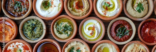 A variety of Mediterranean mezze platter featuring an array of dips and appetizers like hummus, baba ghanoush, tabbouleh, falafel, and pita bread artistically presented in lovely clay dishes.