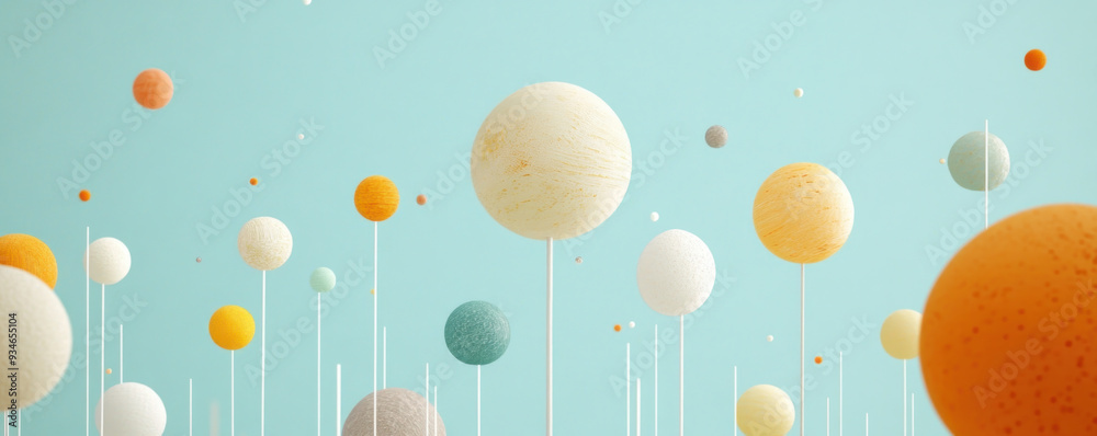Fototapeta premium A colorful image of many different colored balls, some of which are orange and some are yellow. The image has a playful and whimsical mood, with the balls appearing to be floating in the air