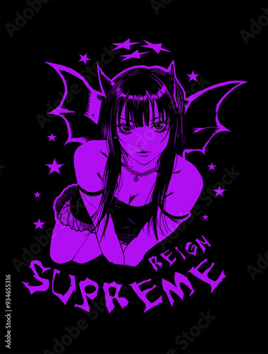 Anime gothic japanese graphic t shirt design for print, horror japanese girl vector illustration, dark Anime japan style