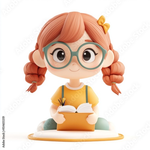 Kawaii Clay Girl with Glasses Studying - 3D Icon Illustration