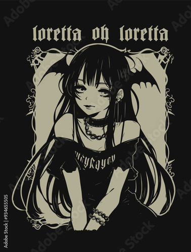 Anime gothic japanese graphic t shirt design for print, horror japanese girl vector illustration, dark Anime japan style