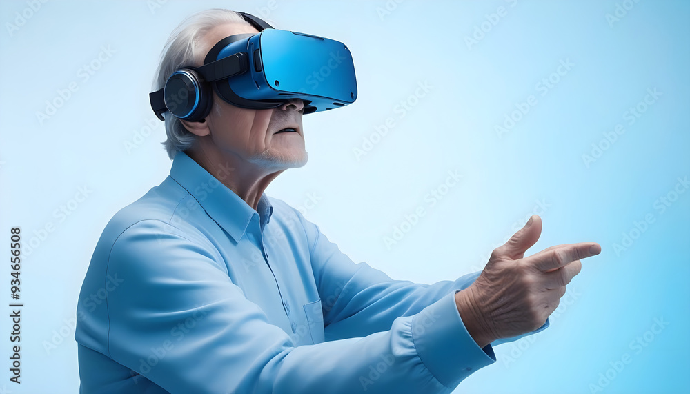 Elderly Senior Enjoying VR Gaming Experience with Headset and Controller in Futuristic Setting Elderly Senior Enjoying VR Gaming Experience with Headset and Controller in Futuristic Setting