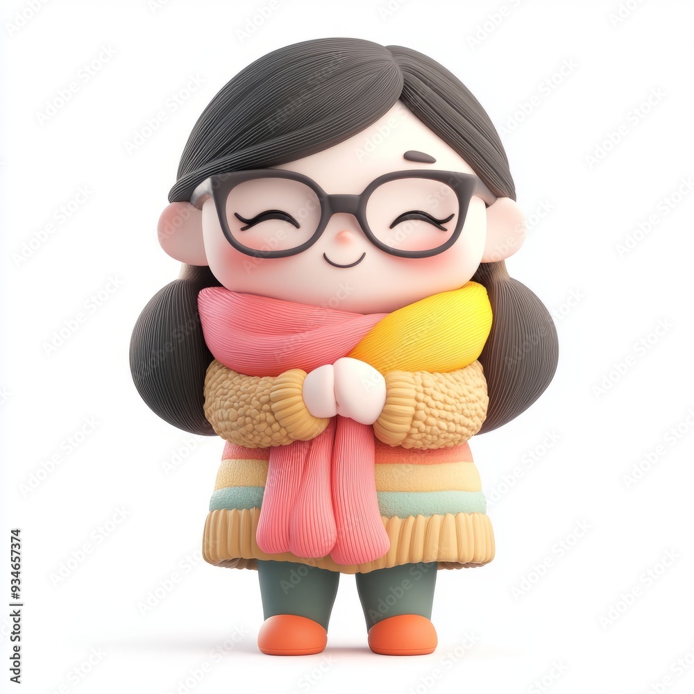 Kawaii Clay Woman Knitting Scarf - 3D Icon Illustration for Blender