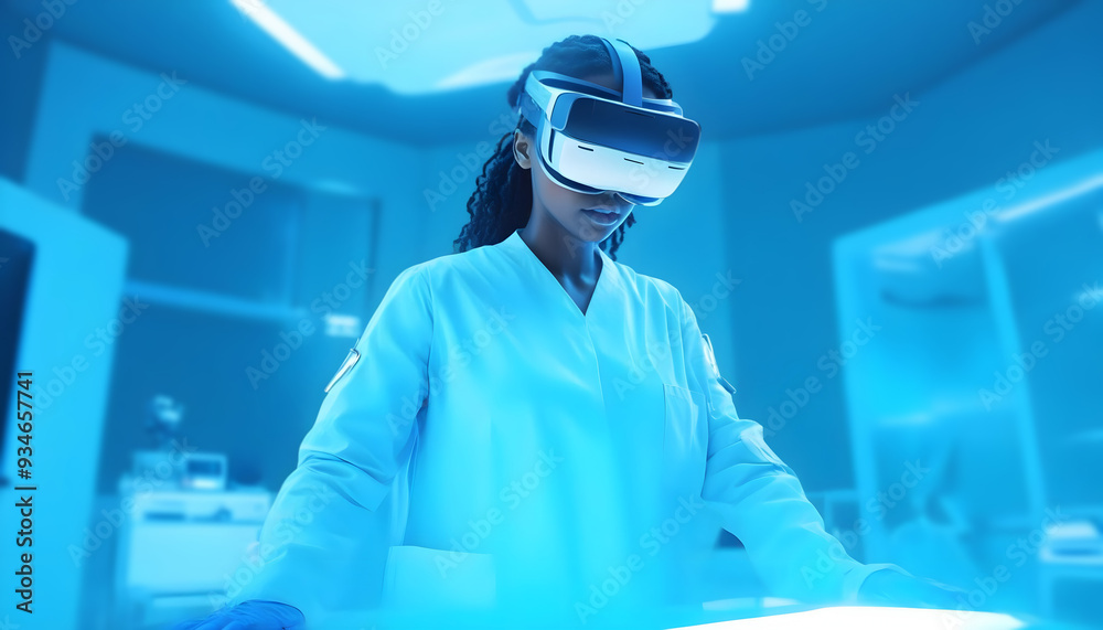 Scientist using VR headset in futuristic research laboratory