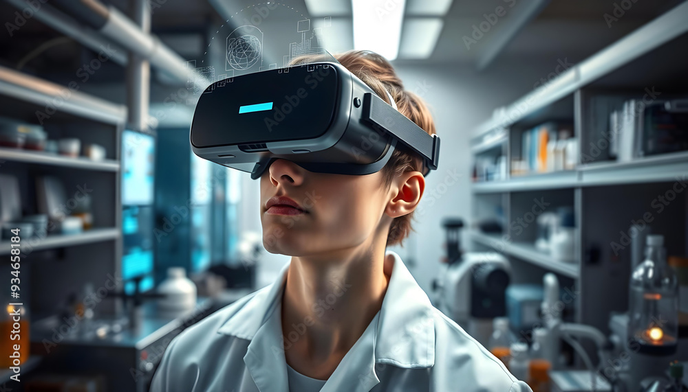 Scientist using VR headset in futuristic research laboratory Scientist using VR headset in futuristic research laboratory