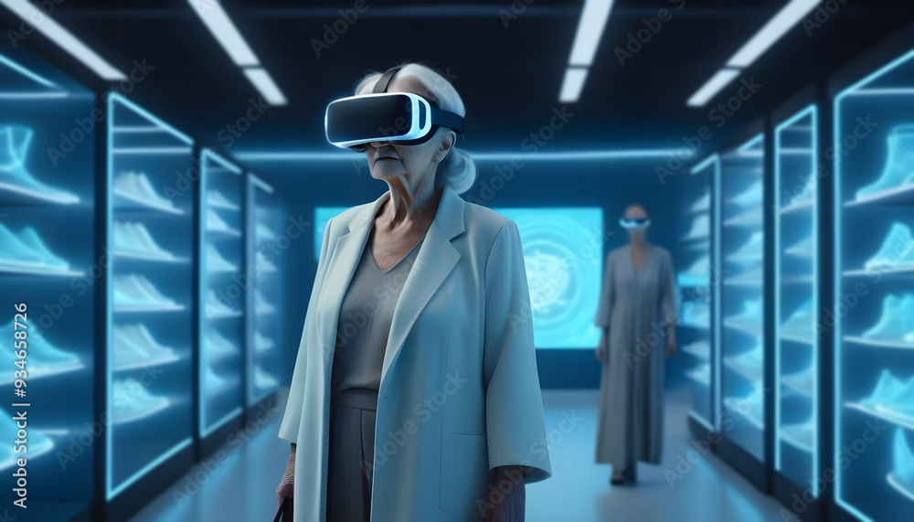 Elderly woman shopping with VR headset in clothing store Elderly woman shopping with VR headset in clothing store
