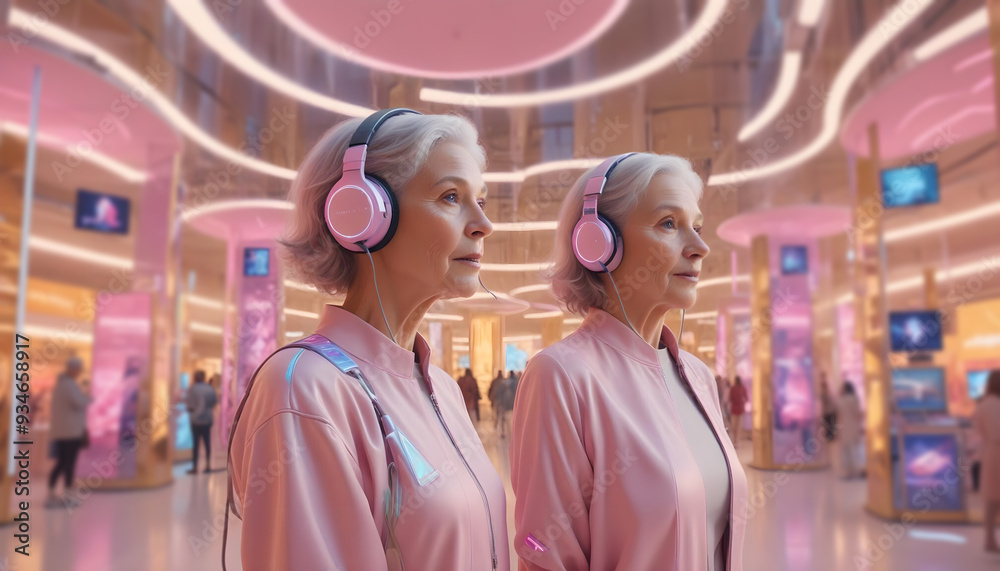 Obraz premium Elderly woman shopping with VR headset in clothing store