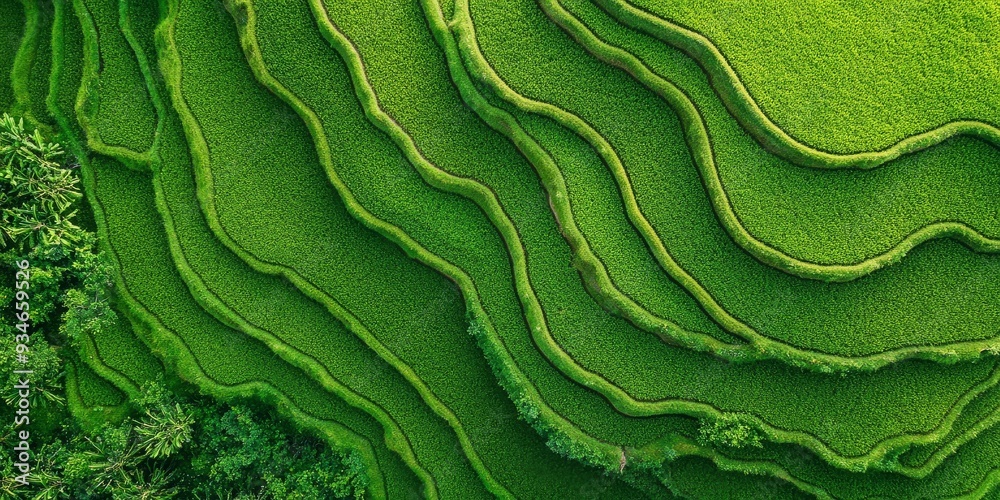 Aerial View: Vibrant Green Terraced Rice Fields Aerial View: Vibrant Green Terraced Rice Fields