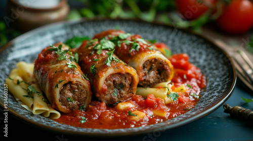 Succulent Braciole Beef Rolls in Tomato Sauce Served With Pasta photo