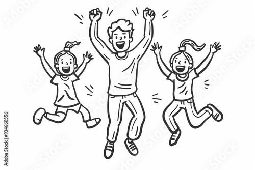 Joyful father and children jumping, minimalist vector illustration on white background.