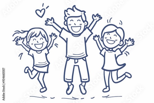 Joyful father and children jumping, minimalist vector illustration on white background.