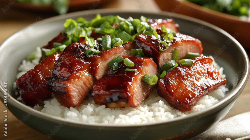 Savory Char Siu Barbecue Pork With Sweet Glaze Served Over Rice Savory Char Siu Barbecue Pork With Sweet Glaze Served Over Rice