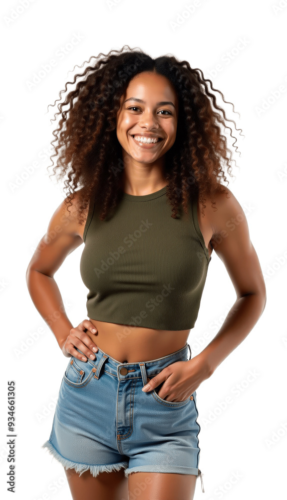 Woman in transparent Background, Happy Girl with Curly Hair