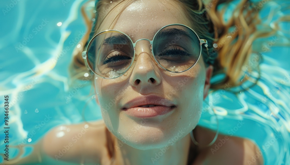Naklejka premium Relaxed and Radiant Capturing Summer Style in the Pool, Fashionable Leisure with a Serene Vibe, Stylish Sunglasses Reflecting a Tranquil Mood