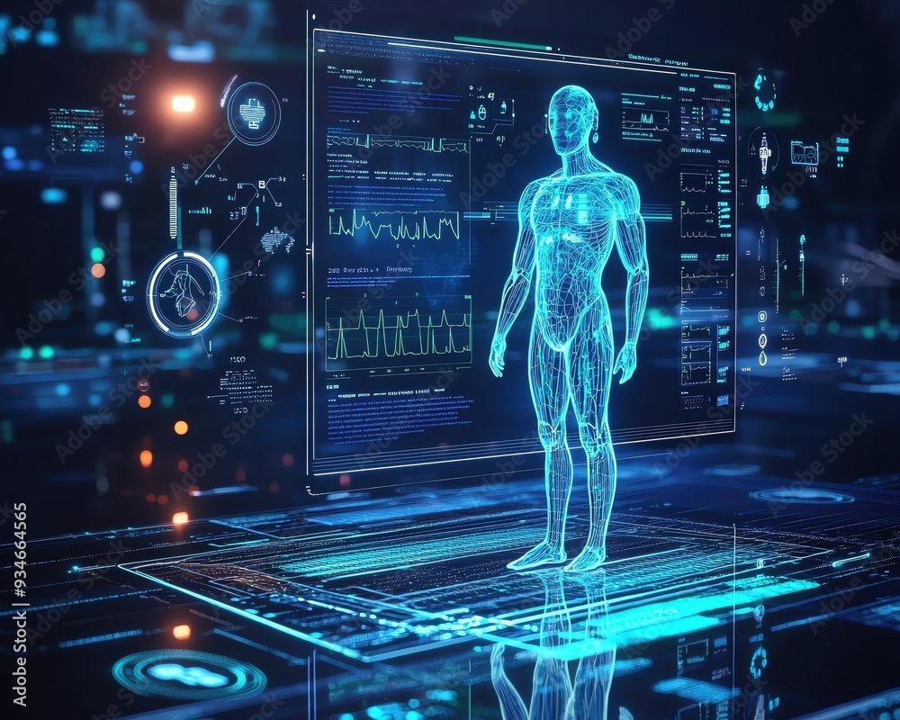 Futuristic holographic human model displaying health data in a digital ...