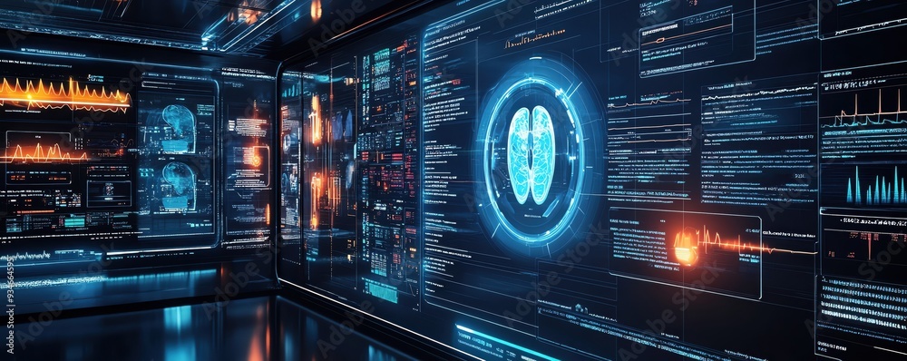 Futuristic digital interface showcasing data analytics, brain visualization, and advanced technology in a sci-fi environment. Futuristic digital interface showcasing data analytics, brain visualization, and advanced technology in a sci-fi environment.