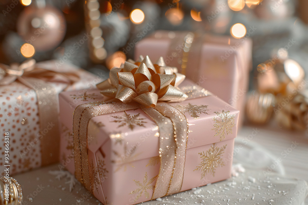 Christmas Gift Box with Sparkling Golden Decorations and Ribbon