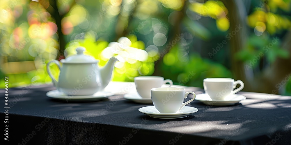 Sophisticated black table cover accompanied by white mugs and a teapot in an outdoor setting 02