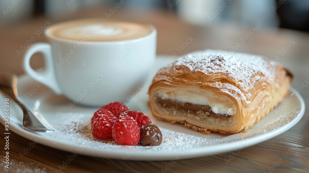 A cup of coffee and a pastry on a white plate. A cup of coffee and a pastry on a white plate.