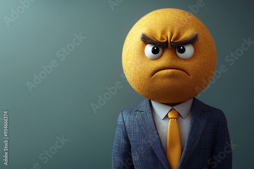 Businessperson wearing suit with angry emoji head, business failure, green background, copy space