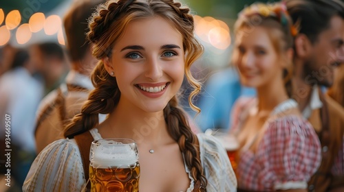 Joyful Friends Celebrating in Traditional Attire at the Renowned Munich Beer Festival photo