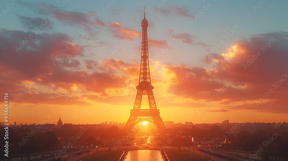Fototapeta premium Iconic Eiffel Tower in Paris Illuminated Under Dramatic Sunset Sky