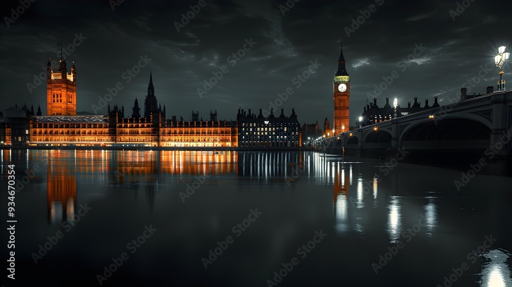 Fototapeta premium Illuminated Historic Landmarks of London's Iconic Skyline at Night