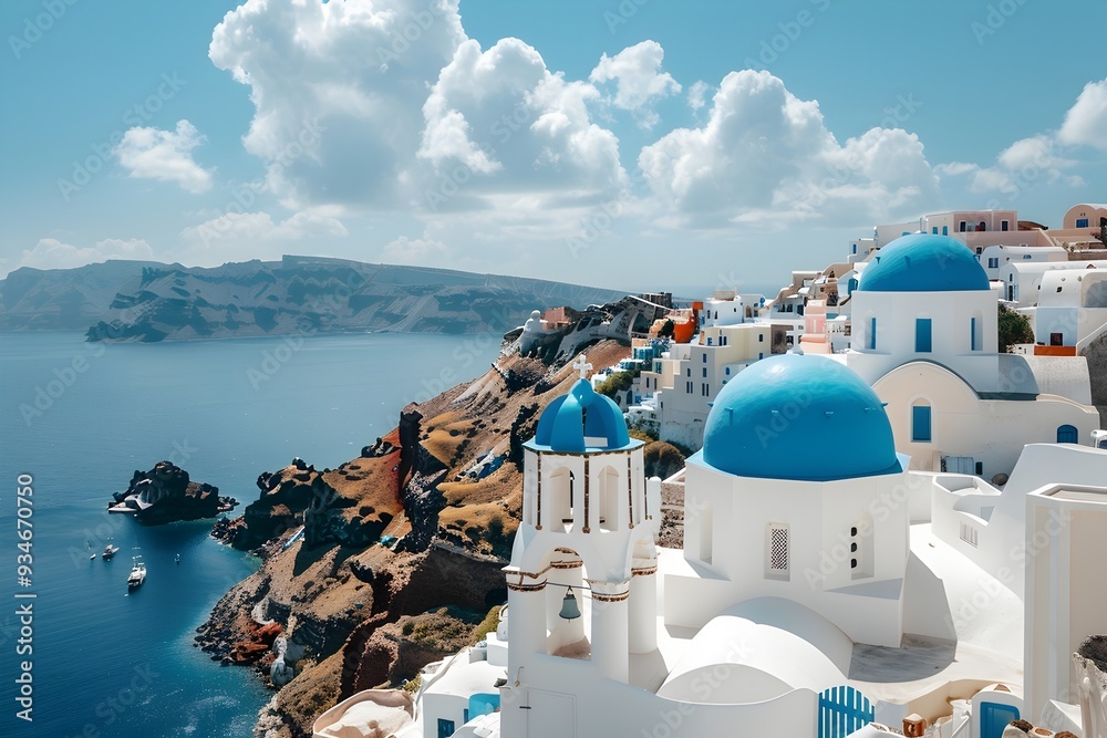 Fototapeta premium Picturesque Santorini Landscape with Traditional White Buildings and Blue Domes Overlooking the Aegean Sea