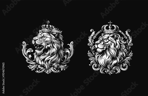 Lion royal crest engraving vintage design vector illustration