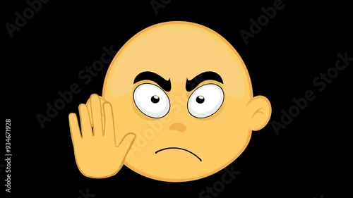 video animation yellow emoji character cartoon, with a stop hand gesture showing all five fingers, on a transparent background with alpha channel set to zero photo