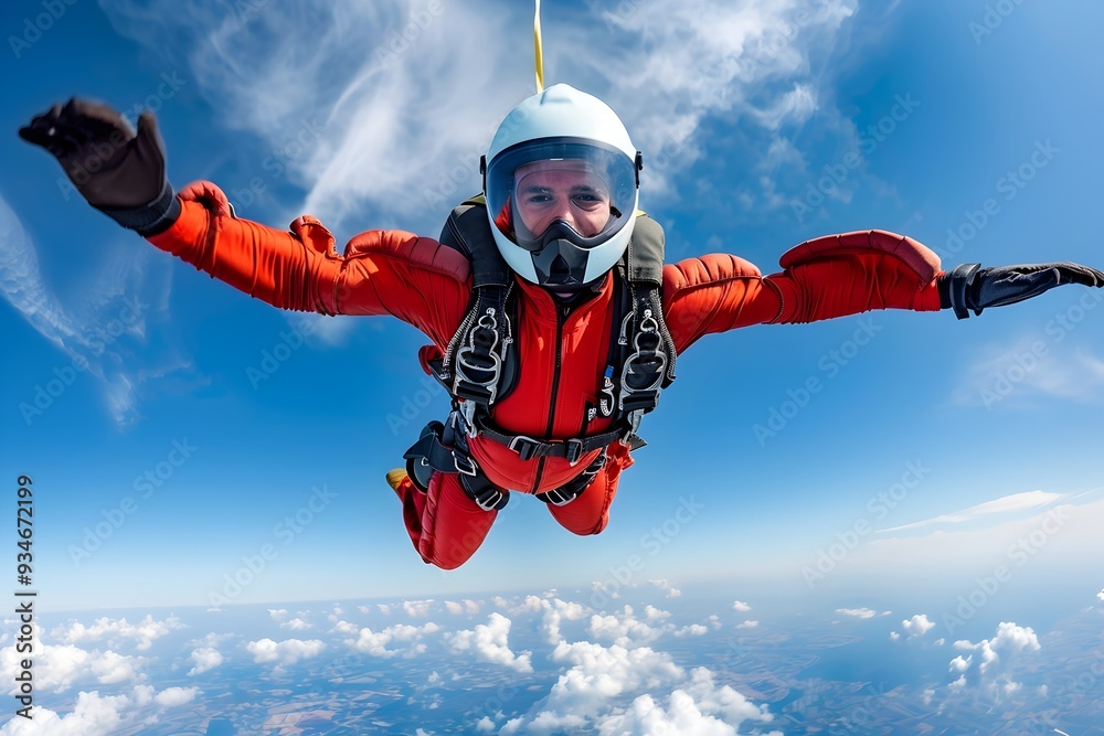 Daring skydiver in free fall against clear blue sky with space for text Daring skydiver in free fall against clear blue sky with space for text