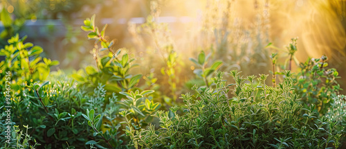 A panoramic view of fresh thyme and oregano glowing in the morning light, surrounded by mist in an herb garden.