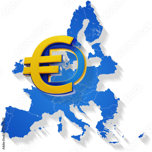 simpified outline border-map and digital Euro as D€ as DEUR as DEuro, creative abstract background as the colors and stars of the flag of the European Union photo