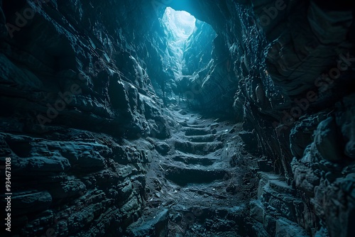 Caving Expedition Through Narrow Passages in Dark Mysterious Underground Cavern photo