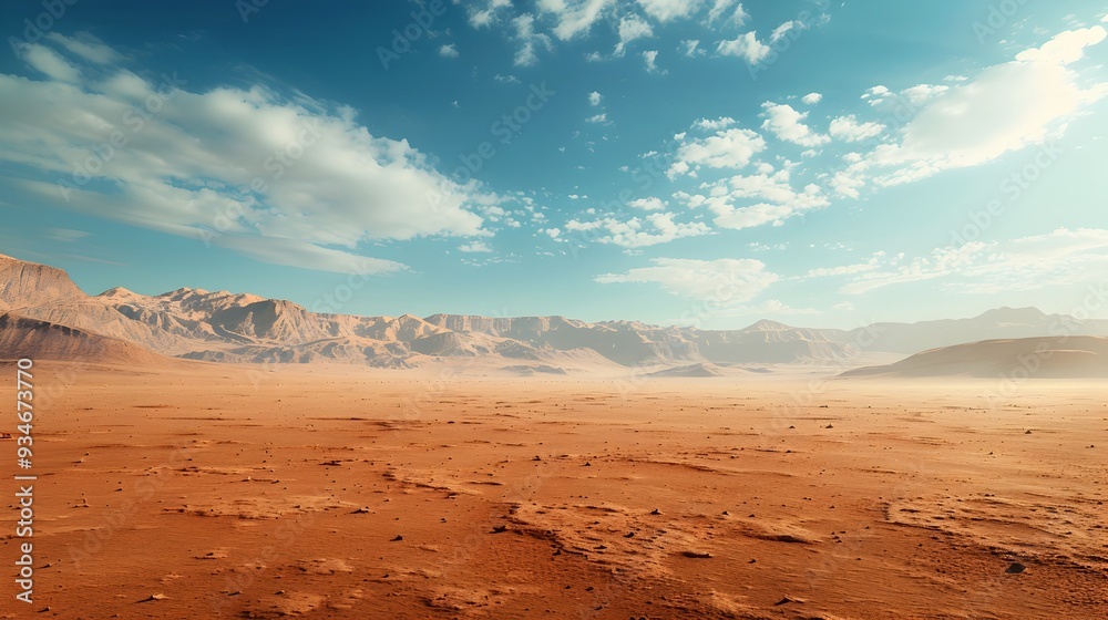 Naklejka premium Exploring a Remote Desert Landscape with Endless Horizon and Space for Text