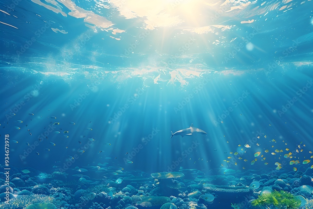 Fototapeta premium Serene Underwater Oasis with Vibrant Marine Life in Crystal Clear Ocean