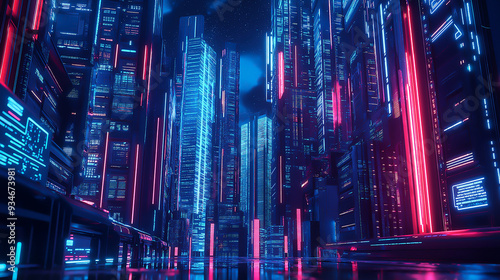 A futuristic technology hub with neon-lit skyscrapers and advanced data centers