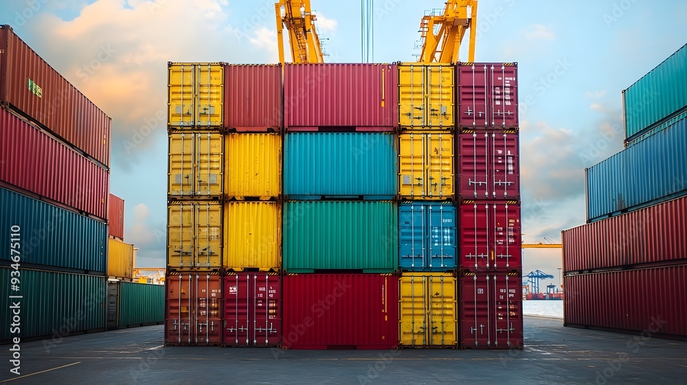 Fototapeta premium Towering stacks of vibrant cargo containers being arranged by massive cranes at a bustling shipping port with the open sea in the backdrop