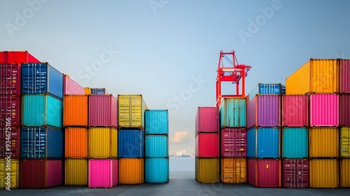 Stacks of brightly colored cargo containers being arranged and moved by large cranes in a busy shipping port or logistics hub