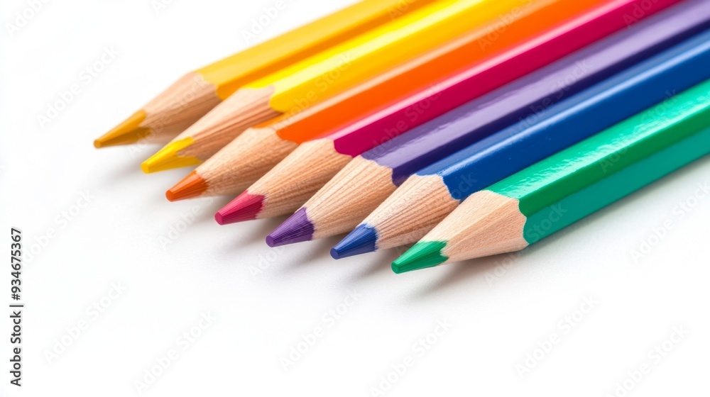 Vibrant Colored Pencils Array - Artistic Tools in Bright Hues on White Background Vibrant Colored Pencils Array - Artistic Tools in Bright Hues on White Background