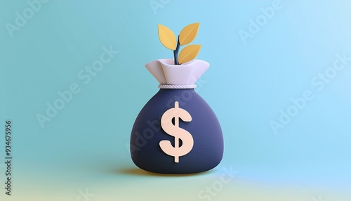 3d money bag with growing plant on blue background