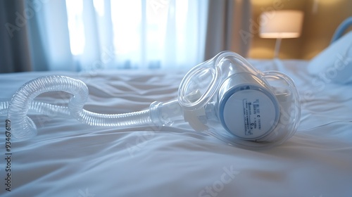 Oxygen mask connected to medical tubing resting on a clean white hospital bed  The essential equipment for providing life saving oxygen support and respiratory therapy in a healthcare setting photo