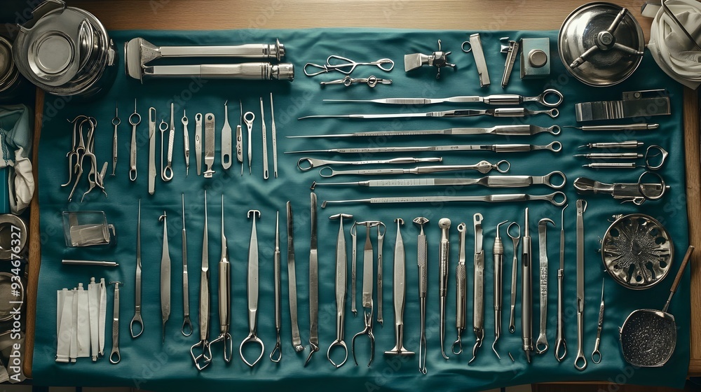 Fototapeta premium A set of surgical instruments including scalpels forceps clamps tweezers and scissors neatly arranged on a sterile medical table ready for a surgical procedure