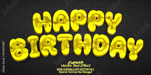 Happy Bırtday Vector Text Effect Editable Alphabet Balloons Party Suprise Yellow Confetti
