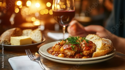 Elegant Dining Experience with Gourmet Chicken Dish and Red Wine in Cozy Restaurant Setting