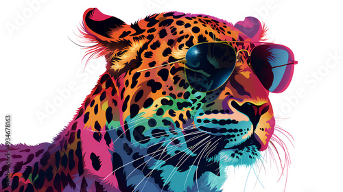 Colorful leopard cartoon with sunglasses, looks cute and striking when placed on a white background.