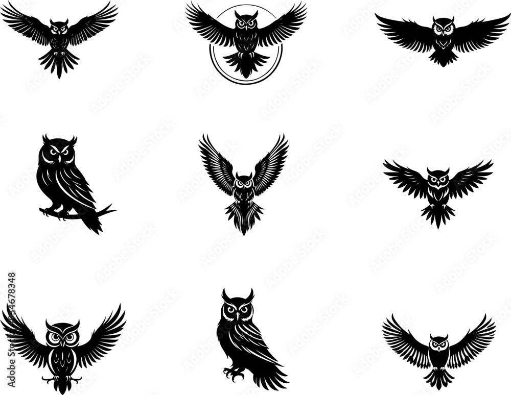 Hibou ou chouette, silhouette et line art isolé, en set pour halloween, vecteur noir fond transparent. Idéal composition logo, livre, illustration, page. Méga set. 