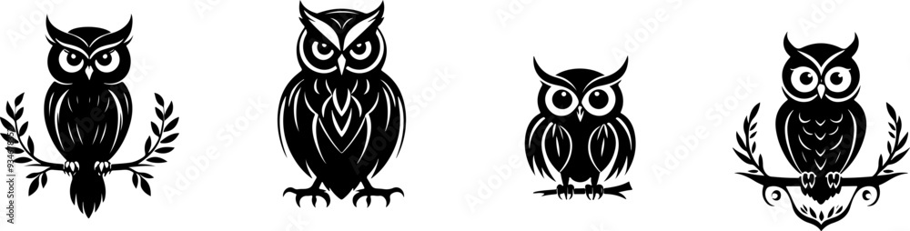 Hibou ou chouette, silhouette et line art isolé, en set pour halloween, vecteur noir fond transparent. Idéal composition logo, livre, illustration, page. 