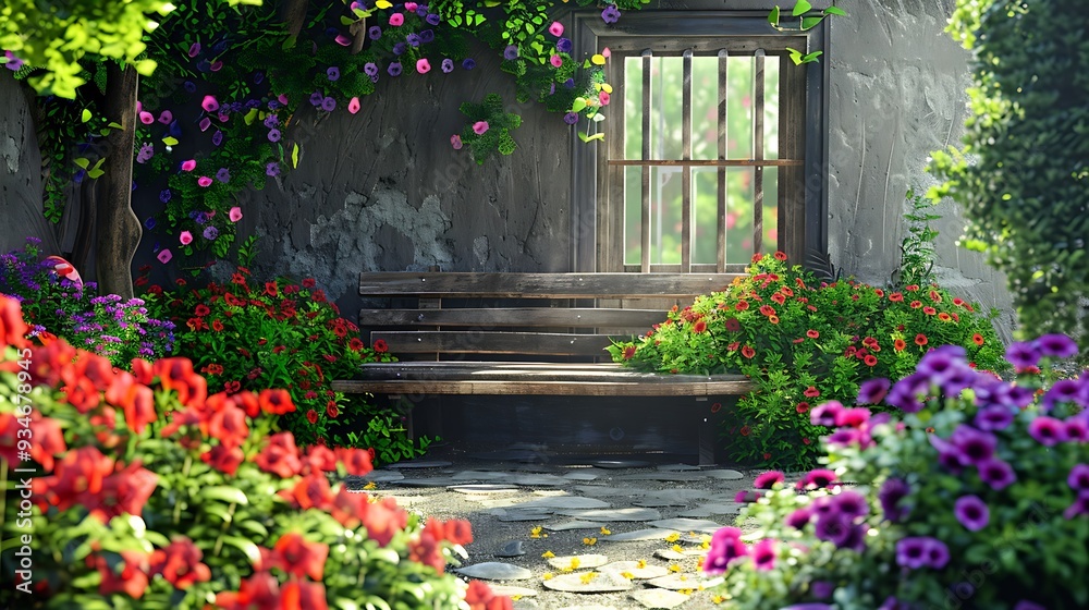 A charming spring garden with colorful petunias and a rustic wooden garden bench. 8k